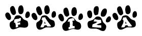 The image shows a row of animal paw prints, each containing a letter. The letters spell out the word Faiza within the paw prints.