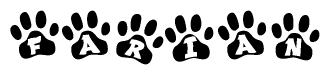 The image shows a row of animal paw prints, each containing a letter. The letters spell out the word Farian within the paw prints.