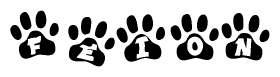 The image shows a series of animal paw prints arranged in a horizontal line. Each paw print contains a letter, and together they spell out the word Feion.