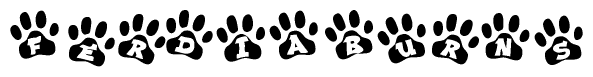 The image shows a row of animal paw prints, each containing a letter. The letters spell out the word Ferdiaburns within the paw prints.
