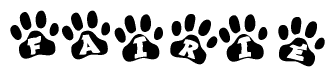 The image shows a row of animal paw prints, each containing a letter. The letters spell out the word Fairie within the paw prints.