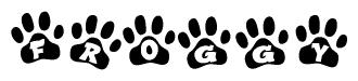 The image shows a row of animal paw prints, each containing a letter. The letters spell out the word Froggy within the paw prints.