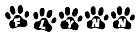 The image shows a row of animal paw prints, each containing a letter. The letters spell out the word Flynn within the paw prints.