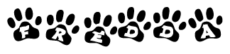 The image shows a row of animal paw prints, each containing a letter. The letters spell out the word Fredda within the paw prints.
