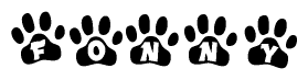 The image shows a row of animal paw prints, each containing a letter. The letters spell out the word Fonny within the paw prints.