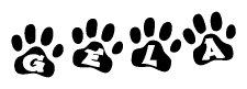 The image shows a row of animal paw prints, each containing a letter. The letters spell out the word Gela within the paw prints.