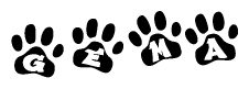 The image shows a series of animal paw prints arranged horizontally. Within each paw print, there's a letter; together they spell Gema