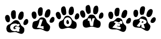 The image shows a series of animal paw prints arranged horizontally. Within each paw print, there's a letter; together they spell Glover