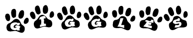 The image shows a row of animal paw prints, each containing a letter. The letters spell out the word Giggles within the paw prints.