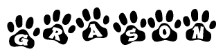 The image shows a row of animal paw prints, each containing a letter. The letters spell out the word Grason within the paw prints.