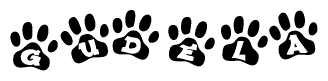 The image shows a row of animal paw prints, each containing a letter. The letters spell out the word Gudela within the paw prints.