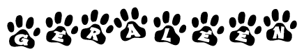 The image shows a series of animal paw prints arranged in a horizontal line. Each paw print contains a letter, and together they spell out the word Geraleen.