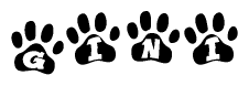 The image shows a series of animal paw prints arranged horizontally. Within each paw print, there's a letter; together they spell Gini