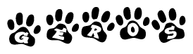 The image shows a row of animal paw prints, each containing a letter. The letters spell out the word Geros within the paw prints.