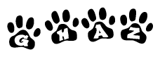 The image shows a series of animal paw prints arranged in a horizontal line. Each paw print contains a letter, and together they spell out the word Ghaz.