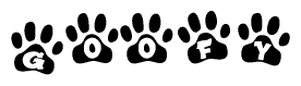 The image shows a row of animal paw prints, each containing a letter. The letters spell out the word Goofy within the paw prints.