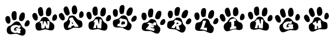 The image shows a row of animal paw prints, each containing a letter. The letters spell out the word Gwanderlingh within the paw prints.