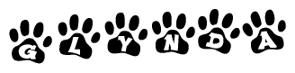 The image shows a series of animal paw prints arranged horizontally. Within each paw print, there's a letter; together they spell Glynda