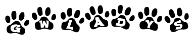 The image shows a series of animal paw prints arranged in a horizontal line. Each paw print contains a letter, and together they spell out the word Gwladys.
