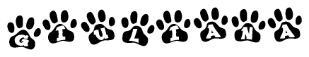 The image shows a row of animal paw prints, each containing a letter. The letters spell out the word Giuliana within the paw prints.