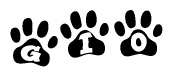 The image shows a series of animal paw prints arranged horizontally. Within each paw print, there's a letter; together they spell Gio