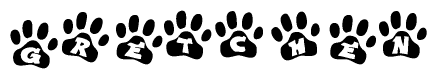 The image shows a row of animal paw prints, each containing a letter. The letters spell out the word Gretchen within the paw prints.