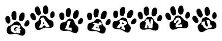 The image shows a series of animal paw prints arranged horizontally. Within each paw print, there's a letter; together they spell Galern2u