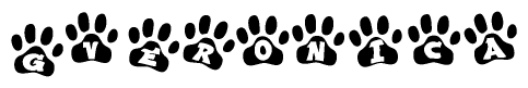 The image shows a series of animal paw prints arranged in a horizontal line. Each paw print contains a letter, and together they spell out the word Gveronica.