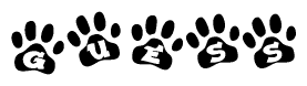 The image shows a row of animal paw prints, each containing a letter. The letters spell out the word Guess within the paw prints.