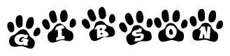 The image shows a row of animal paw prints, each containing a letter. The letters spell out the word Gibson within the paw prints.