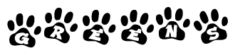 The image shows a series of animal paw prints arranged horizontally. Within each paw print, there's a letter; together they spell Greens
