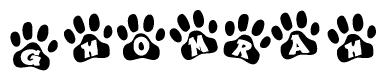 The image shows a row of animal paw prints, each containing a letter. The letters spell out the word Ghomrah within the paw prints.