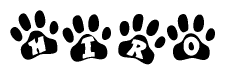 The image shows a row of animal paw prints, each containing a letter. The letters spell out the word Hiro within the paw prints.
