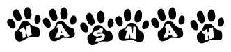 The image shows a row of animal paw prints, each containing a letter. The letters spell out the word Hasnah within the paw prints.