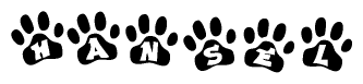 The image shows a series of animal paw prints arranged horizontally. Within each paw print, there's a letter; together they spell Hansel