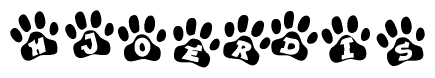 The image shows a series of animal paw prints arranged horizontally. Within each paw print, there's a letter; together they spell Hjoerdis