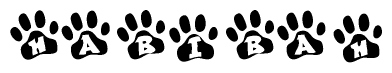 The image shows a series of animal paw prints arranged in a horizontal line. Each paw print contains a letter, and together they spell out the word Habibah.