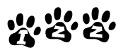 The image shows a series of animal paw prints arranged in a horizontal line. Each paw print contains a letter, and together they spell out the word Izz.