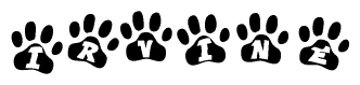 The image shows a series of animal paw prints arranged horizontally. Within each paw print, there's a letter; together they spell Irvine