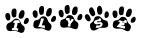 The image shows a row of animal paw prints, each containing a letter. The letters spell out the word Ilyse within the paw prints.