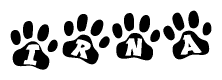 The image shows a series of animal paw prints arranged horizontally. Within each paw print, there's a letter; together they spell Irna
