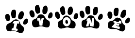The image shows a series of animal paw prints arranged horizontally. Within each paw print, there's a letter; together they spell Ivone