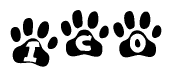 The image shows a series of animal paw prints arranged in a horizontal line. Each paw print contains a letter, and together they spell out the word Ico.