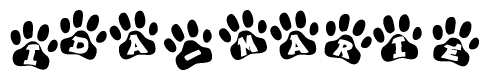 The image shows a series of animal paw prints arranged in a horizontal line. Each paw print contains a letter, and together they spell out the word Ida-marie.