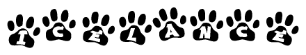 The image shows a row of animal paw prints, each containing a letter. The letters spell out the word Icelance within the paw prints.