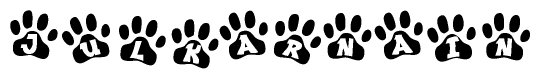 The image shows a row of animal paw prints, each containing a letter. The letters spell out the word Julkarnain within the paw prints.
