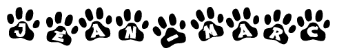 The image shows a series of animal paw prints arranged in a horizontal line. Each paw print contains a letter, and together they spell out the word Jean-marc.