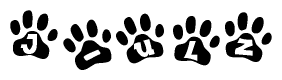The image shows a series of animal paw prints arranged in a horizontal line. Each paw print contains a letter, and together they spell out the word J-ulz.
