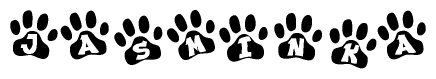 The image shows a series of animal paw prints arranged in a horizontal line. Each paw print contains a letter, and together they spell out the word Jasminka.