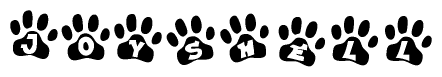 The image shows a series of animal paw prints arranged in a horizontal line. Each paw print contains a letter, and together they spell out the word Joyshell.